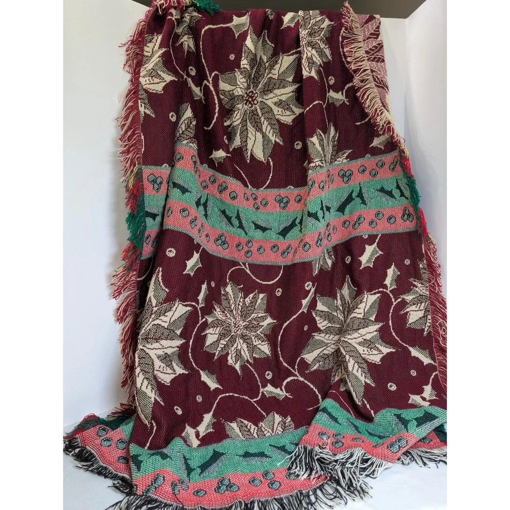 Vintage Christmas Holiday Poinsettia Tapestry Tote Bag & Blanket Fringe Acrylic